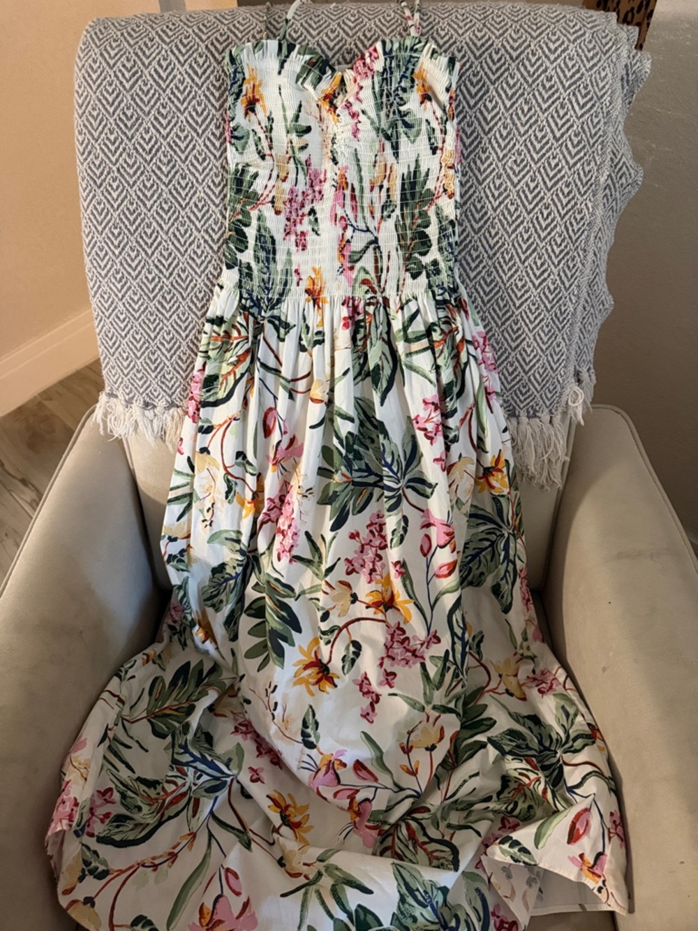 H&M White Floral Midi Dress with Green Leaves and Pink & Yellow Blooms